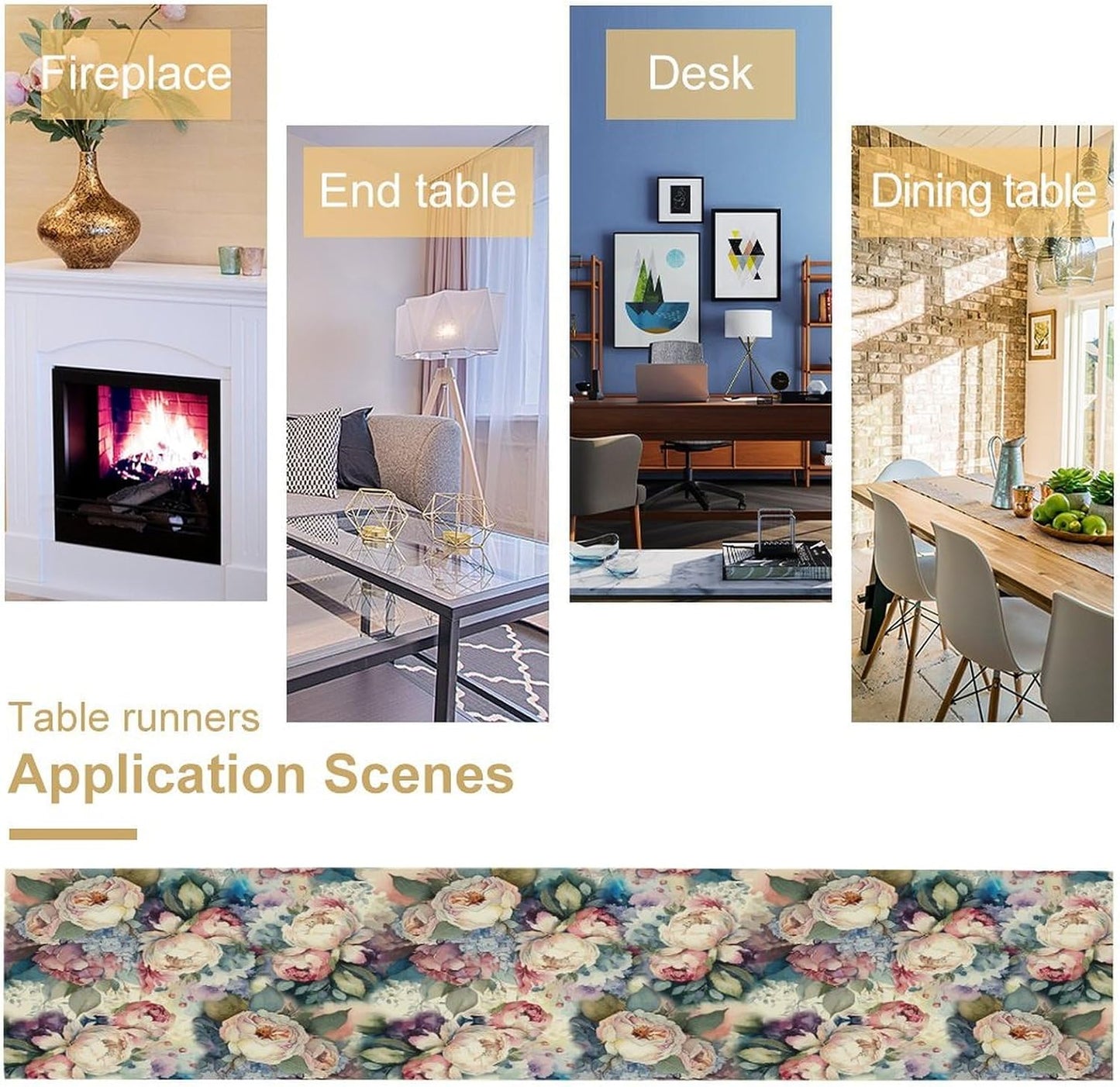 Vintage Floral Table Runner,Girls Women Rose Romantic Leaf Botanical Watercolor Pattern Print Burlap for Hotel Indoors Outdoor Dining Room Kitchen Holiday Party, 13x90in