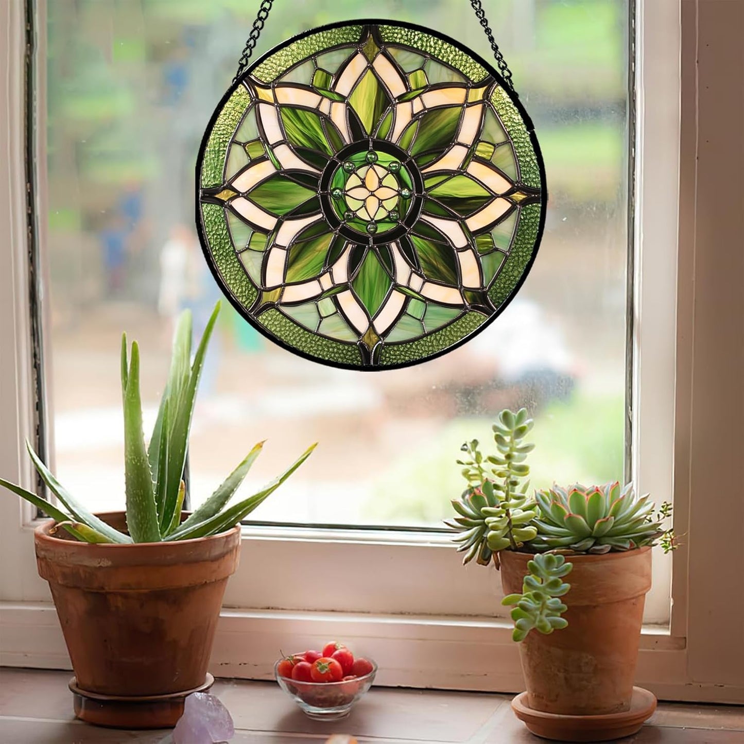 Stained Glass Window Hanging - White Green Boho Flower Suncatcher for Doors Window Home Sun Catchers Decor Christmas Mother's Day Birthday Gifts for Teacher Women Men Mom Nana 6.3 in