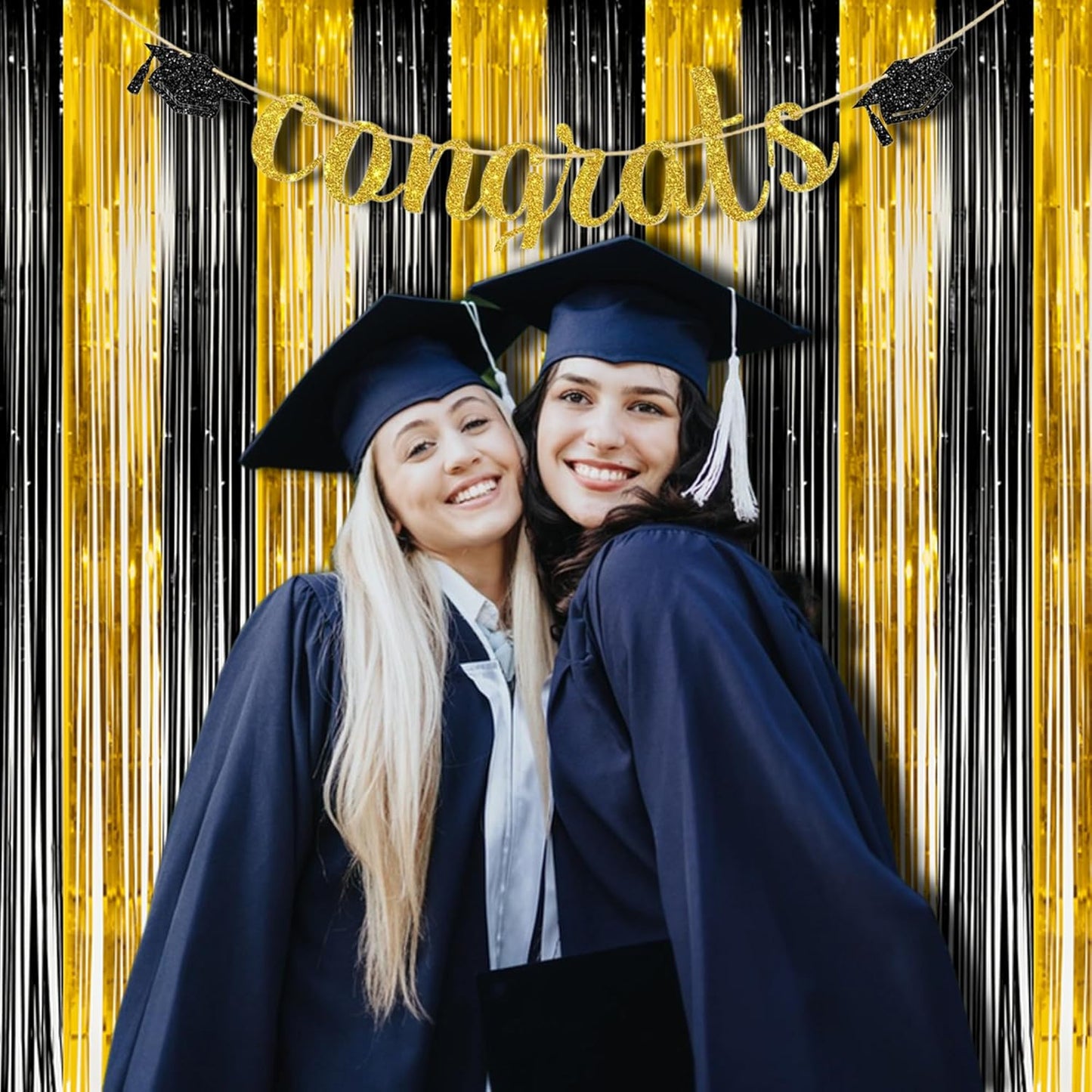 BRAVESHINE 3.2 x 8.2 ft Black Gold Foil Fringe Curtains - 2 Pack Metallic Photo Booth Streamers Backdrop for Boy Men Birthdays/New Years/Graduates/Homecoming/Farewell/Prom/Ramarak Party Decorations