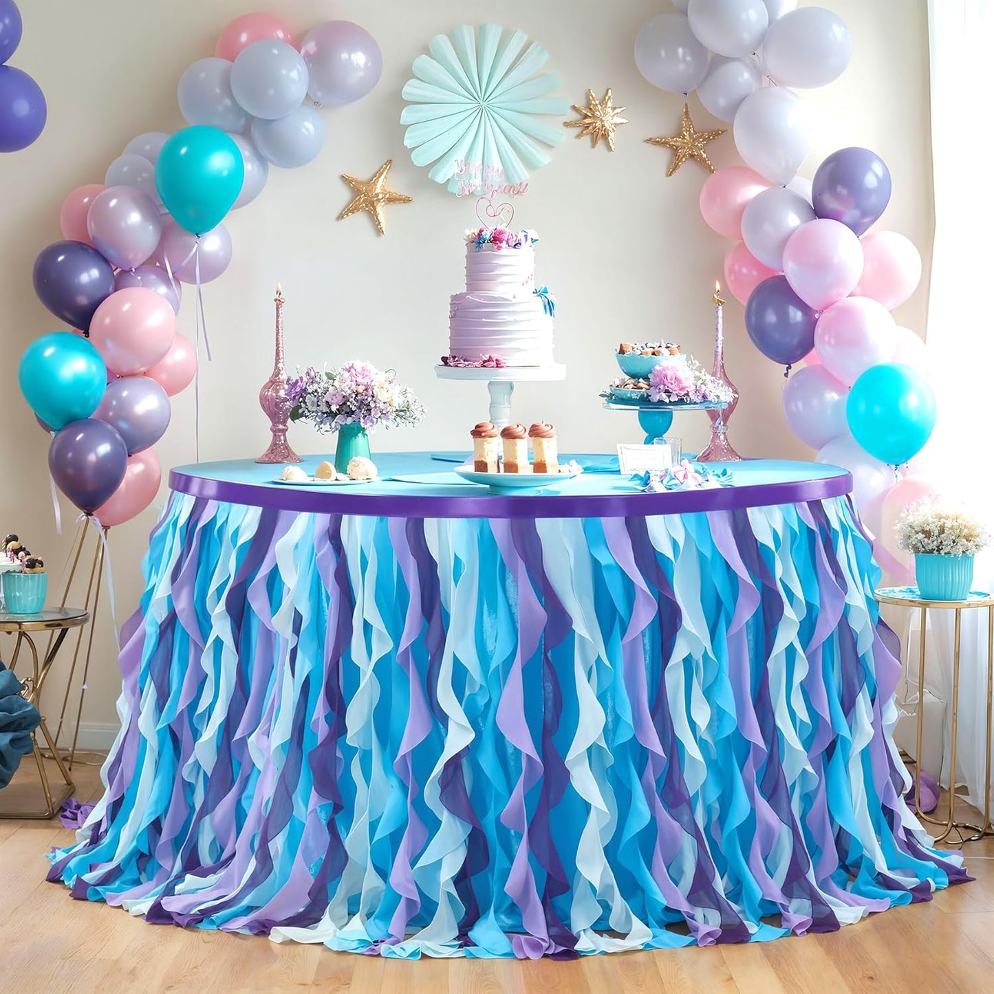 PARTISKY Mermaid Tulle Tutu Ruffle Curly Willow Table Skirt for Rectangle Table 9ft, Mermaid Themed Party Table Cloth for Girls Birthday Party or Baby Shower