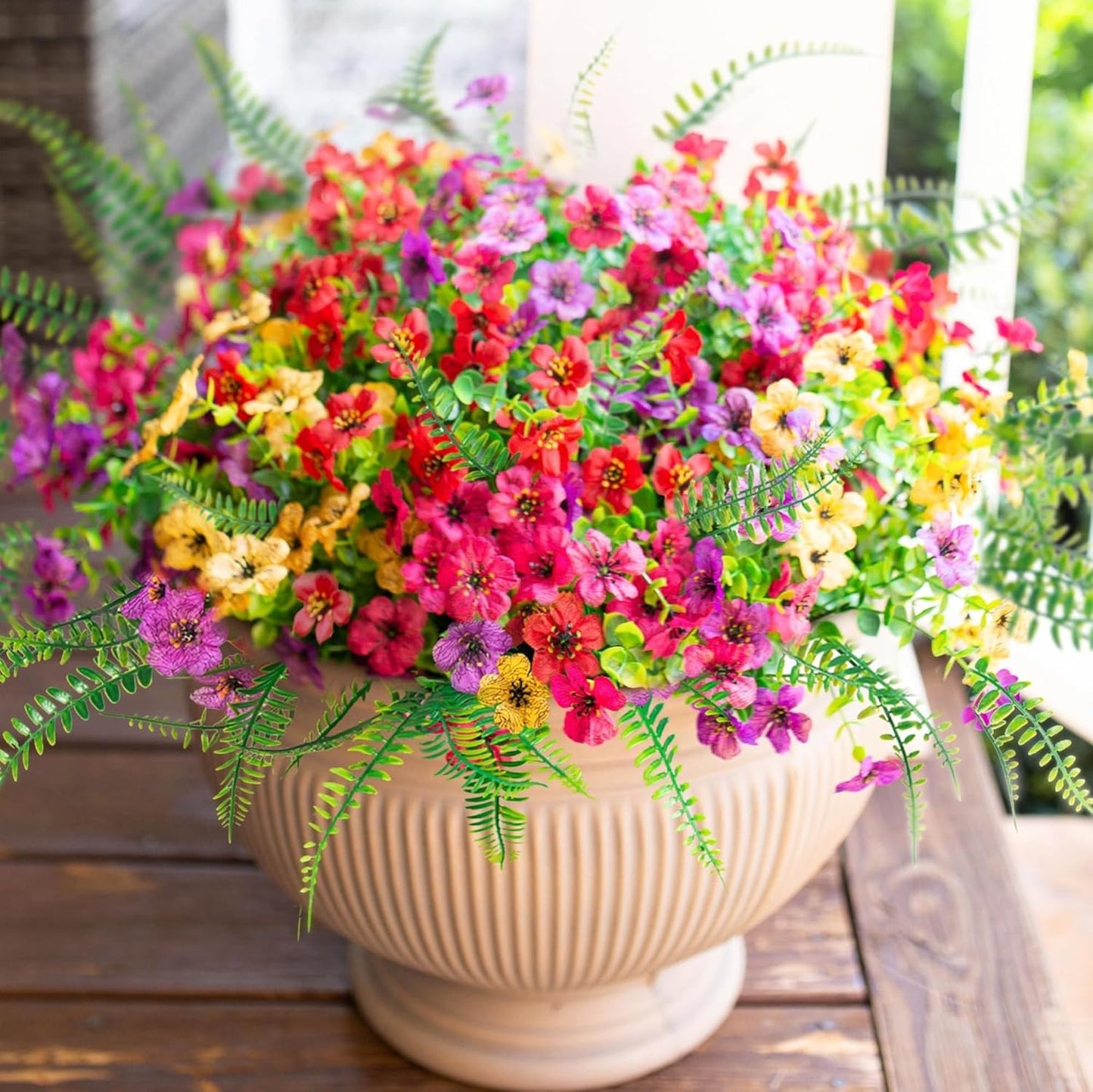 HyeFlora Artificial Faux Outdoor Flowers Plants for Summer Outside Decoration, 14 Bundles Fake Silk Colorful Daisy Ferns UV Resistant Realistic for Front Door Porch Planter Patio Yard