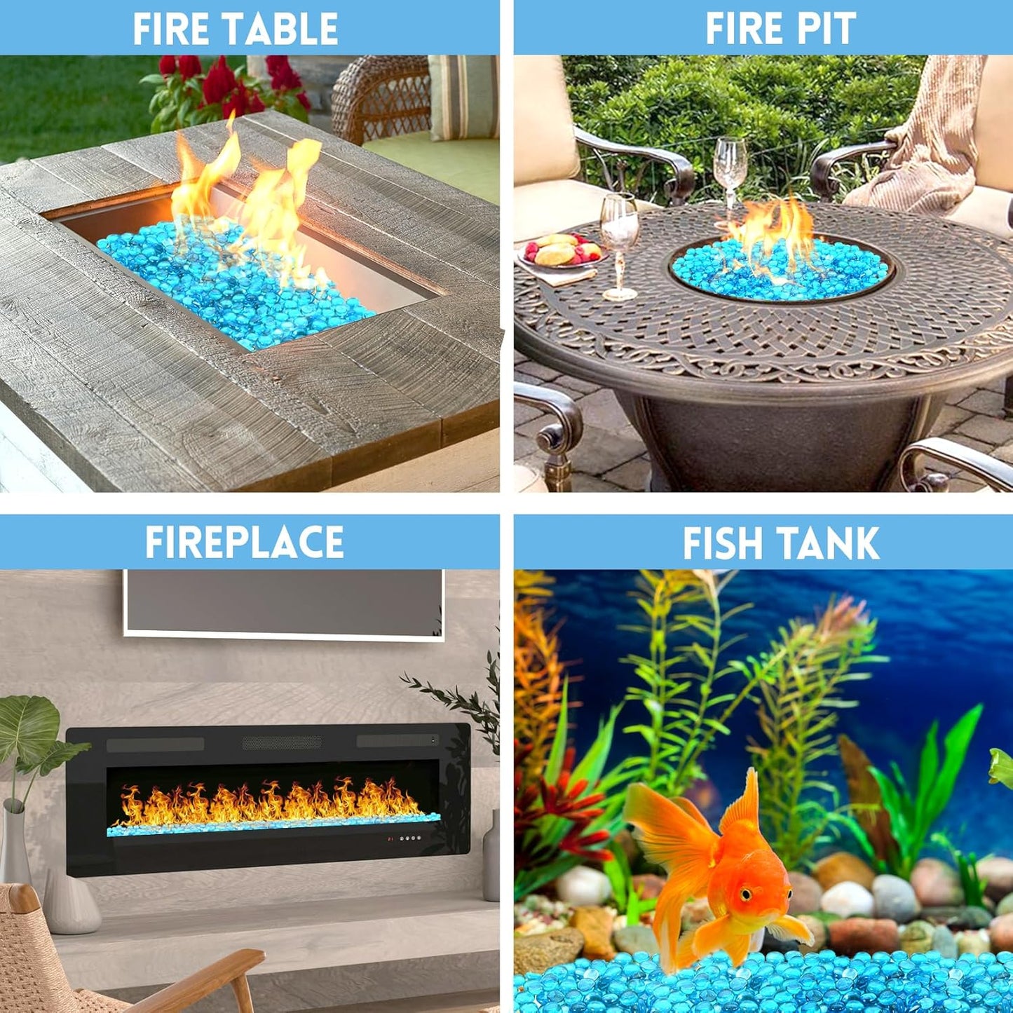 Fire Glass, Caribbean Blue Fire Rocks for Propane Firepit, Fireplace and Outdoor Decorative. 3/4 High Luster Round Glass Rocks, 10LB