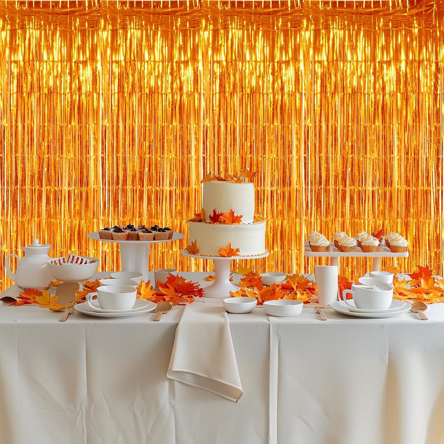 TONIFUL 3Pcs Orange Door Streamers,Photo Booth Backdrop Metallic Streamers Foil Fringe Curtains for Halloween Thanksgiving New Year Bachelorette Birthday Party Streamers Decor(9.9ft x 6.6ft)