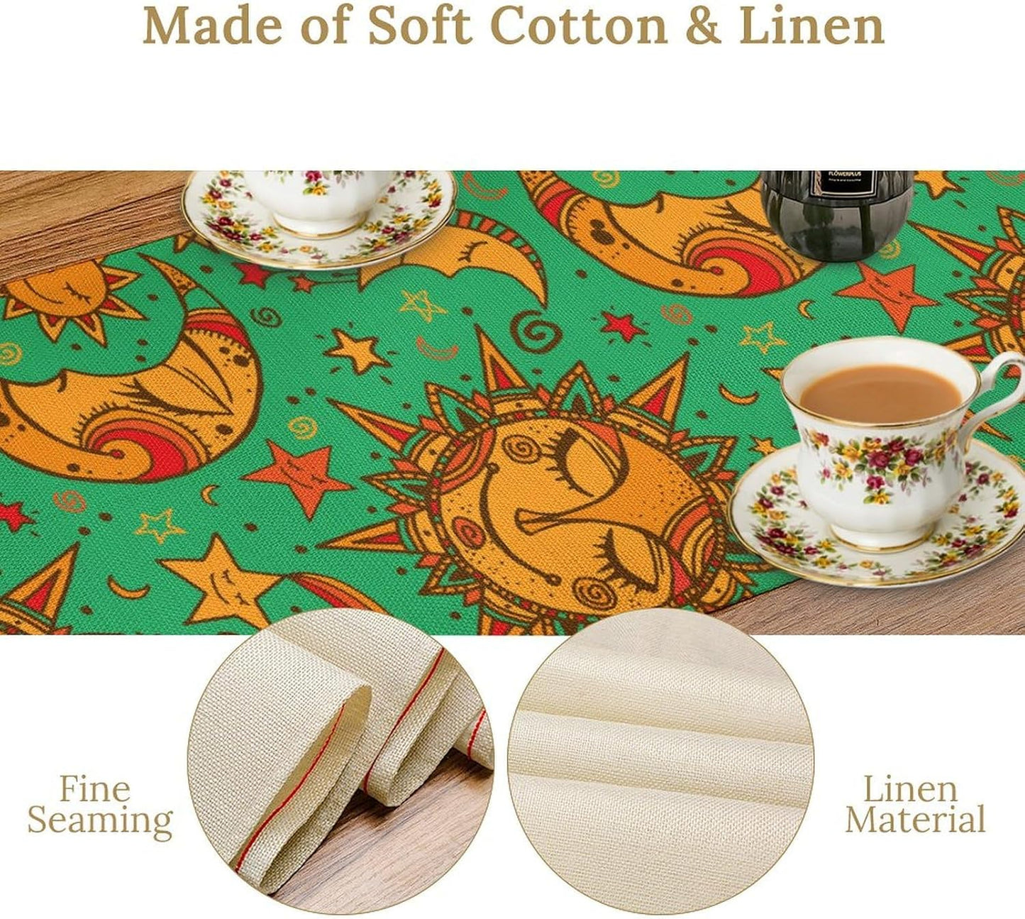 Boho Moon Table Runner, Phase of The Moon Star Sun Cartoon Pattern Table Runner for Kitchen Living Room Home Party 13x70 Inch