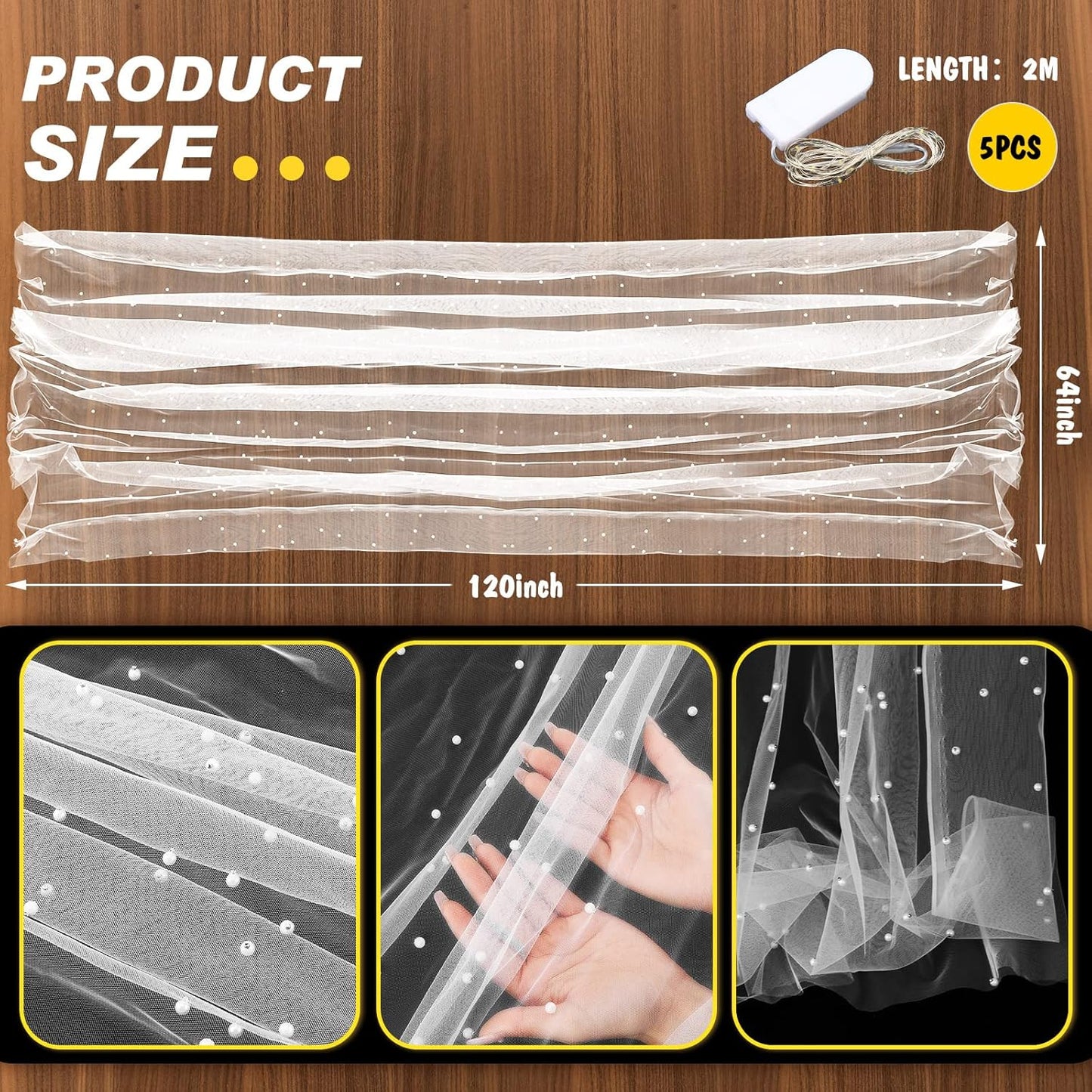 10 ft 4 x 120 Inch White Wedding Tulle Table Skirt with LED Lights White Pearl Chiffon Birthday Table Runner Tulle Sweetheart Decor Pearl Arch Decorations Outside Baby Shower Ceremony (Plug in Type)