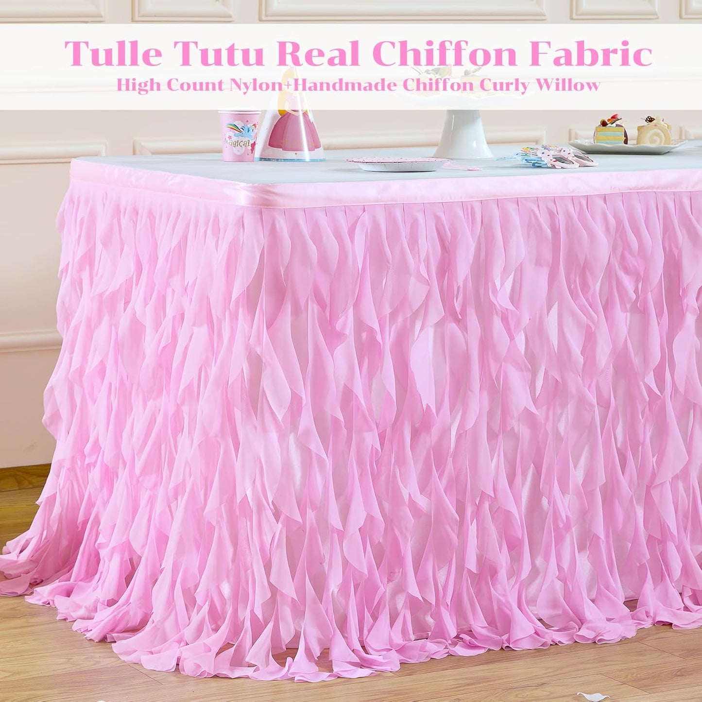 Partisky Pink Tulle Curly Willow Table Skirt for Rectangle Table 9ft, Ruffle Tutu Table Cloth for Girls Baby Shower,Birthday Party Candy Cake Tables