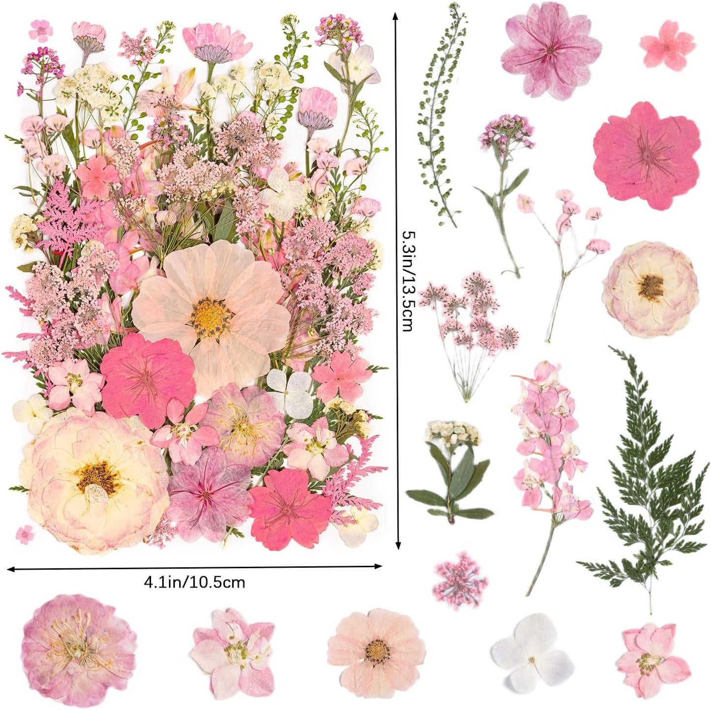 50pcs Pink Pressed Flowers Bulk, Romantic Dried Flower Leaves, Natural Pressed Dried Flowers with Tweezer for DIY Crafts Resin Mold Candles Cake Bridal Scrapbooking Supplies