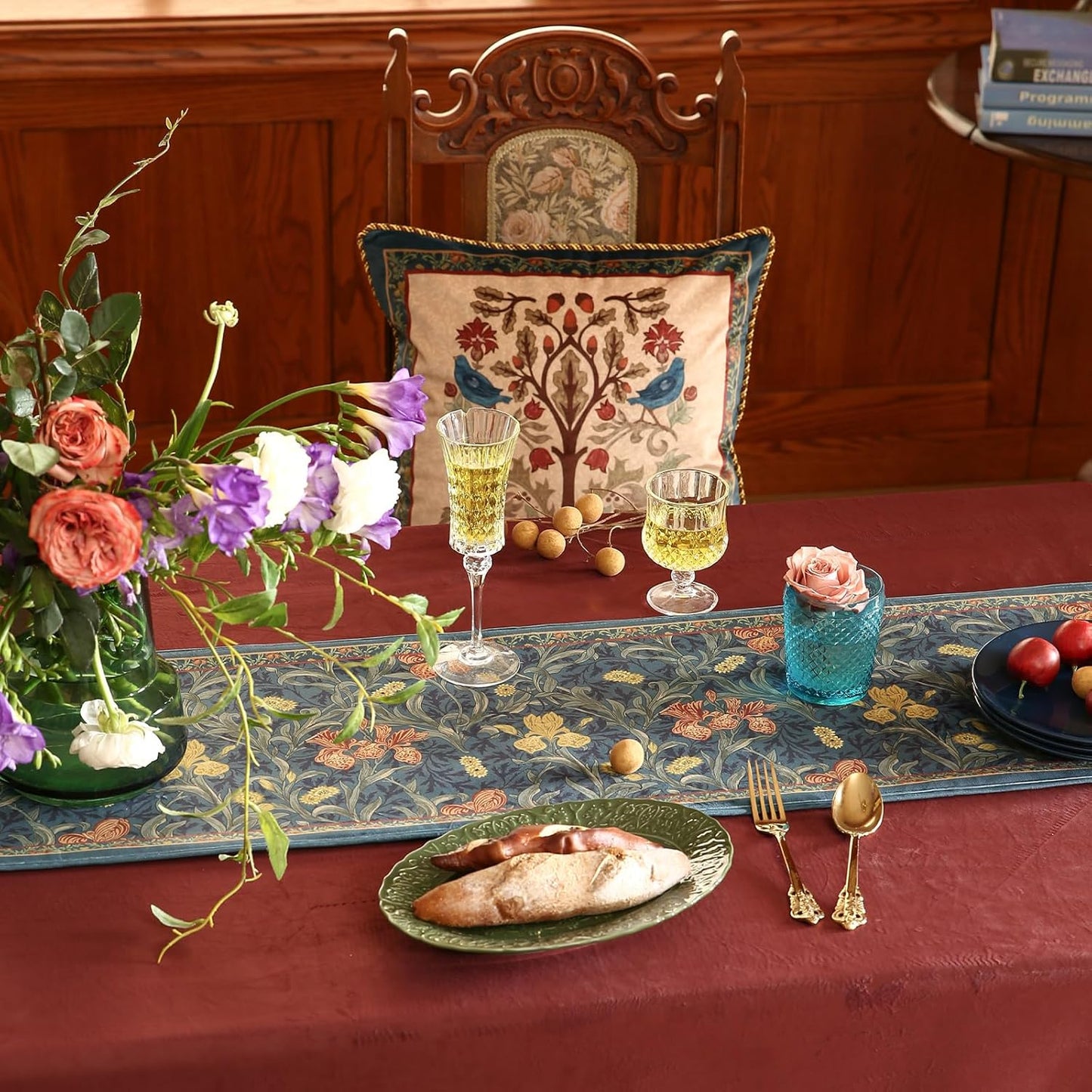 patdrea Designer Casual Wild Floral Velvet Table Runner 118 Inch Long, Dark Blue Occult Bouquets Pattern Table Mat, Decoration for Kitchen Dining Coffee Table Cabinet Banquet Thanksgiving,12"*118"