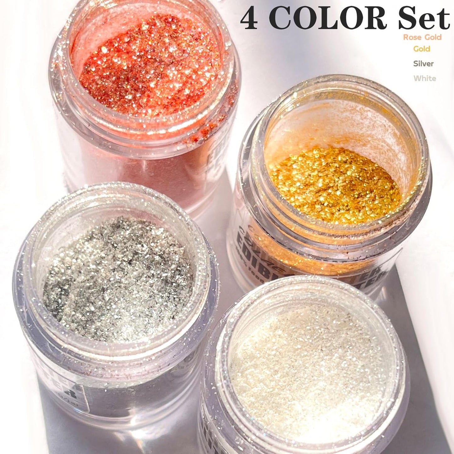 Edible Glitter for Drinks Cakes Christmas Set - Colaele 4 Colors Shimmering Luster Dust Disco Glitter Food Grade Metallic Food Coloring Glimmer for Strawberries, Chocolates, Fondant, Pops, Vegan