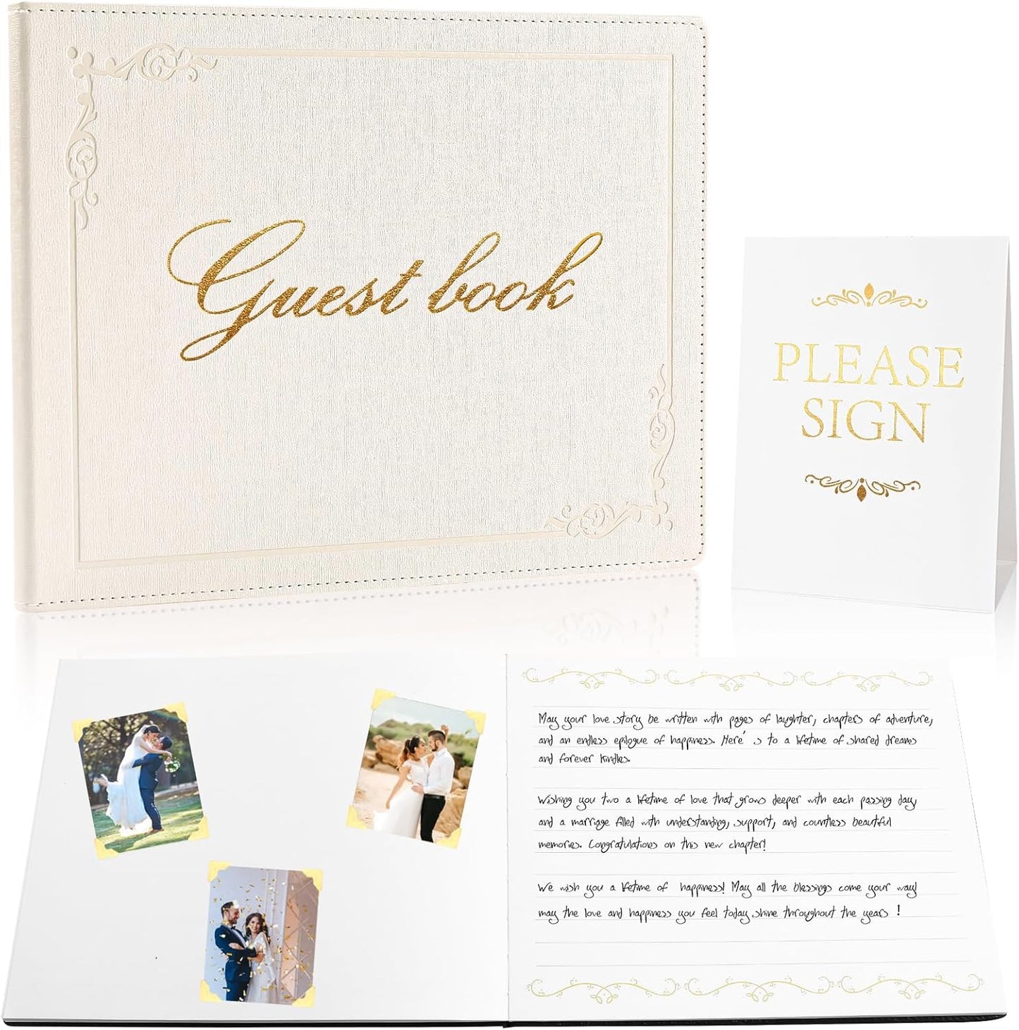 8x10 Leather Guest Book and Standup Sign Set, Gold Foiled Cover Registry Book for Wedding Reception, Retirement Party, Vacation Homes and Events, 120 Pages (White)
