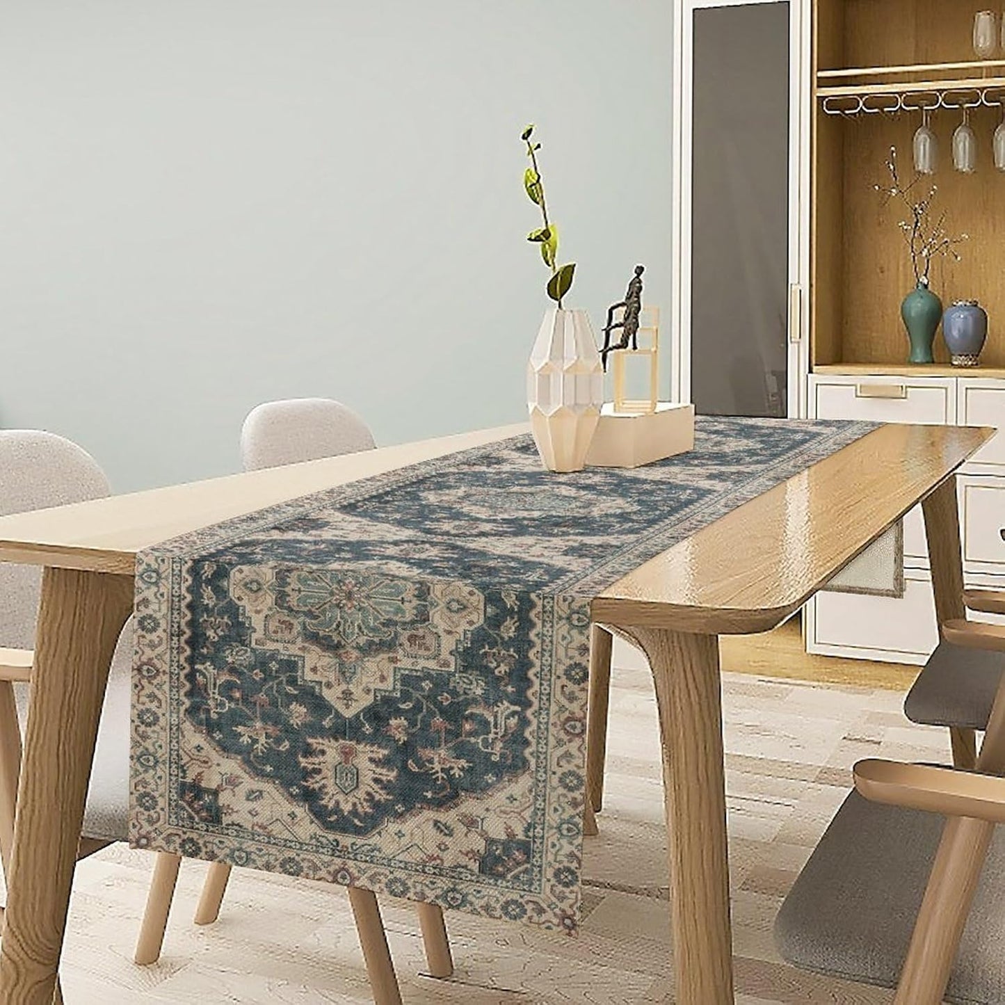 Boho Bohemia Style Table Runner, Vintage Blue Retro Flower Rustic Country Style Floral Print Pattern for Home Kitchen Table Decor Dining Coffee Room Garden Party Decor 13x72in