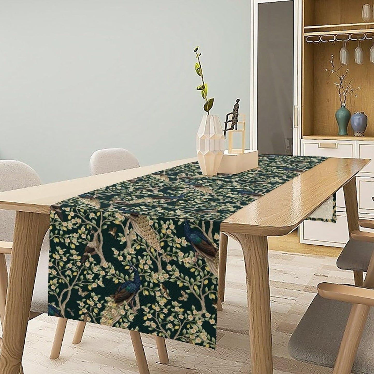 Peacock Table Runner,Retro Floral Plants Peacock Table Runner for Home Kitchen Dining Party Indoor Outdoor Decoration 13x90 Inch