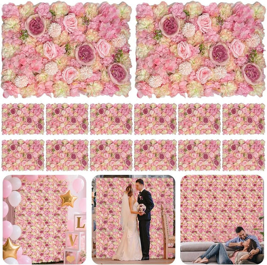 Artificial 3D Flower Wall Panel for Backdrop 12 Pcs 24x16 inches Pink Faux Roses Artificial Flower Backdrop for Wedding Party Bridal Baby Shower Decor