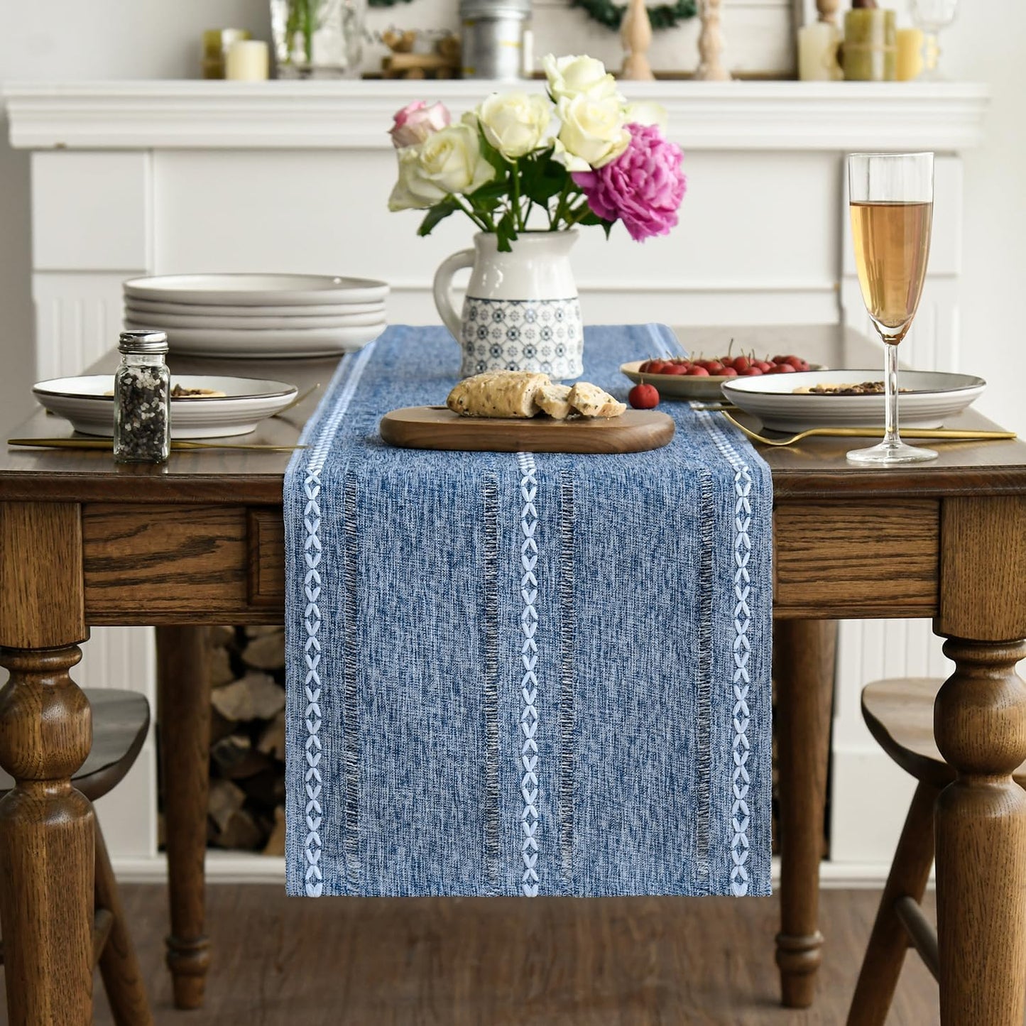 Artoid Mode Blue Rustic Cotton Linen Table Runner, Seasonal Embroidered Hollow Kitchen Dining Table Decoration for Home Party Decor 13x36 Inch