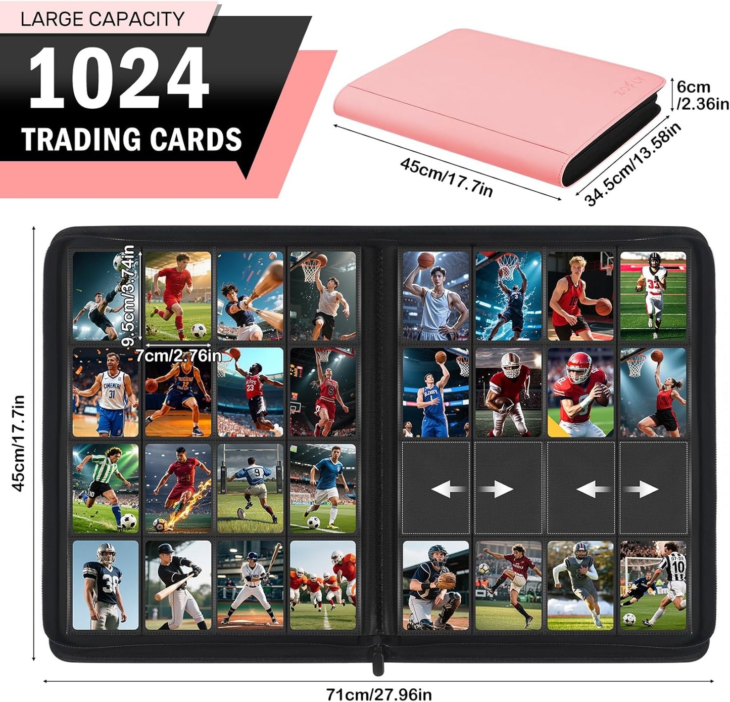 Card Binder 16 Pocket, Zipper Trading Card Binder Holds 1024 Cards, Double-sided Side Loading Card Storage Album, Ringless Card Protector, Card Collection Binder for TCG, MTG, Game Sport Card, Pink