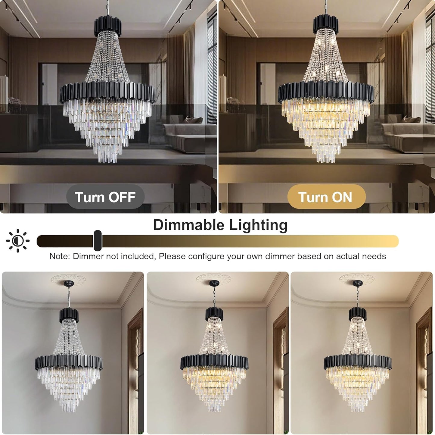 54" Luxury Long Crystal Chandelier for High Ceilings, 21-Light Modern Black Large Chandeliers for Staircase, Foyer, Entryway, Living Room, Hallway, Contemporary K9 Crystal Tiered Chandelier