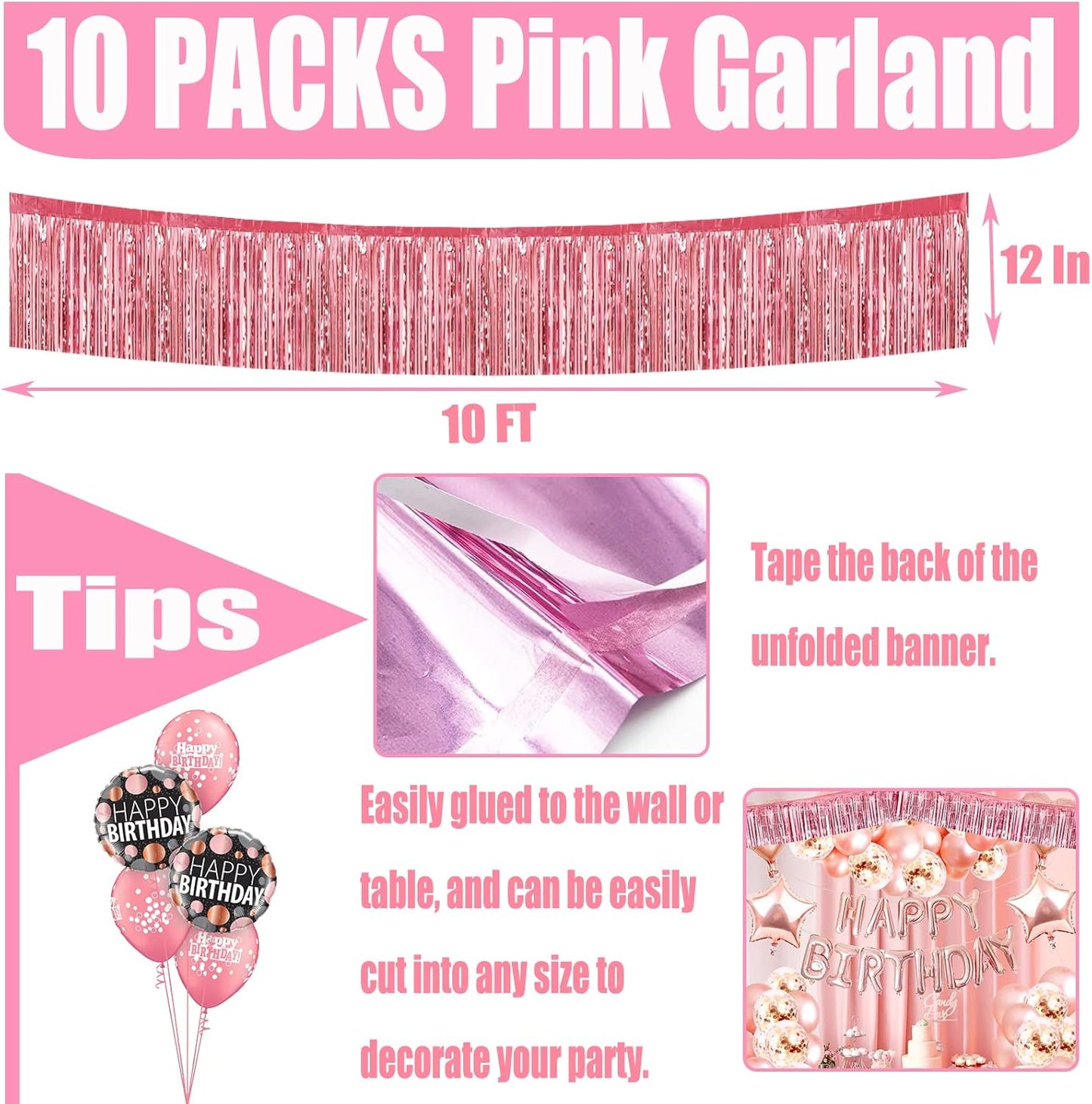 10 Pack 10 Feet Pink Foil Fringe Garland Metallic Tinsel Streamers Banner Wall Hanging Curtain Backdrop for Parade Floats, Bachelorette, Wedding, Birthday, Halloween, Christmas Party Decorations