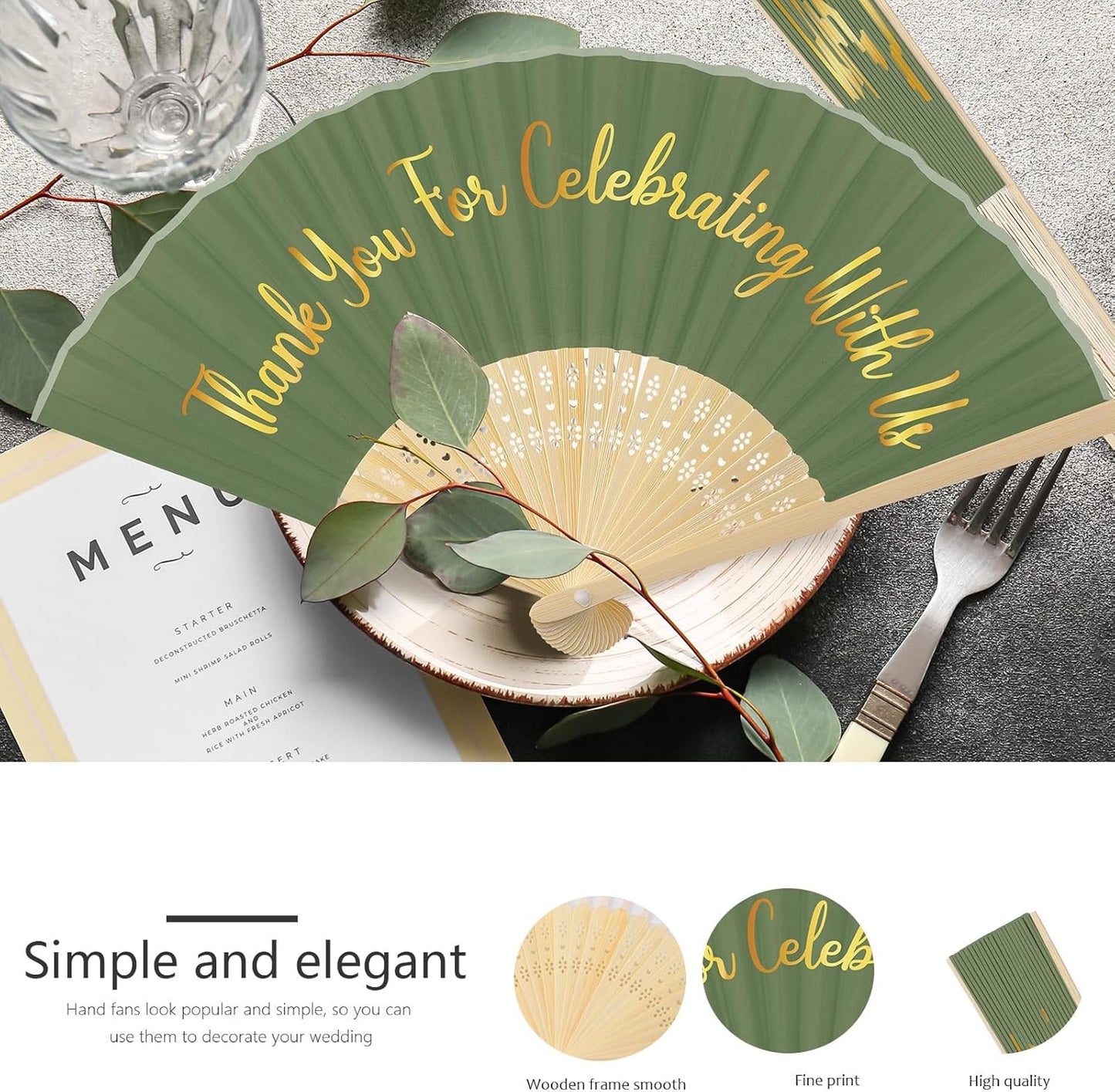 Jetec 50 Pcs Wedding Fans for Guests Bulk Silk Hand Fans Handheld Folded Thank You for Celebrating with Us Wedding Favors for Bridal Bridesmaid Baby Shower Dancing Party Church Gift(Dark Green)