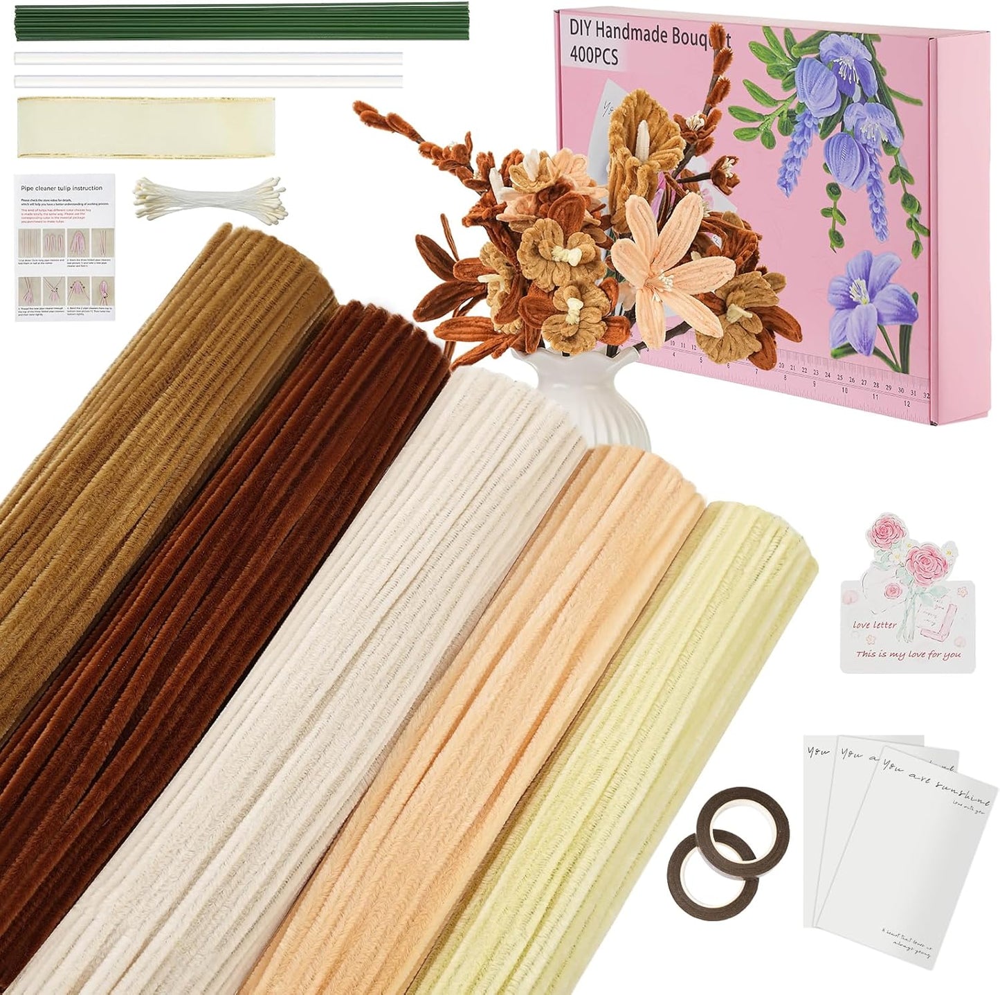 400 PCS Soft Pipe Cleaners Bulk,5 Colors Pipe Cleaners Craft for Flowers with Floral Wire,Gardening Tape,Greeting Card,Bouquet Paper,Hot Glue Stick,Stamen & Ribbon,Ideals for DIY Holiday Deco