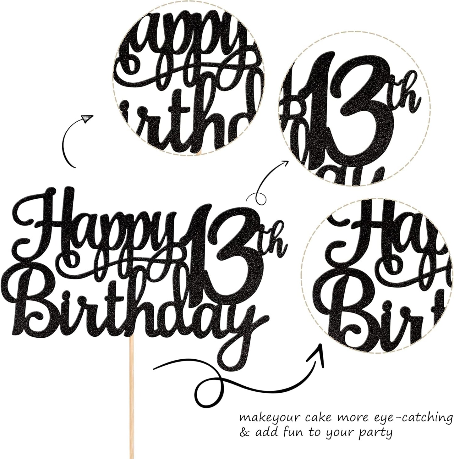 1 PCS Happy 13th Birthday Cake Topper Glitter Cheers to 13 Years Birthday Cake Pick Official Teenager 13 Fabulous Cake Decoration for Happy 13th Birthday Theme Party Decorations Supplies Black
