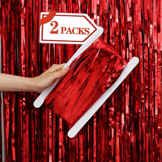 2 Pcs Red Metallic Tinsel Foil Fringe Curtains Backdrop, 3.28 ft x 6.56 ft Streamers for Birthday Wedding Engagement Bachelorette Party Photo Booth Bridal Shower Baby Shower Decorations Supplies