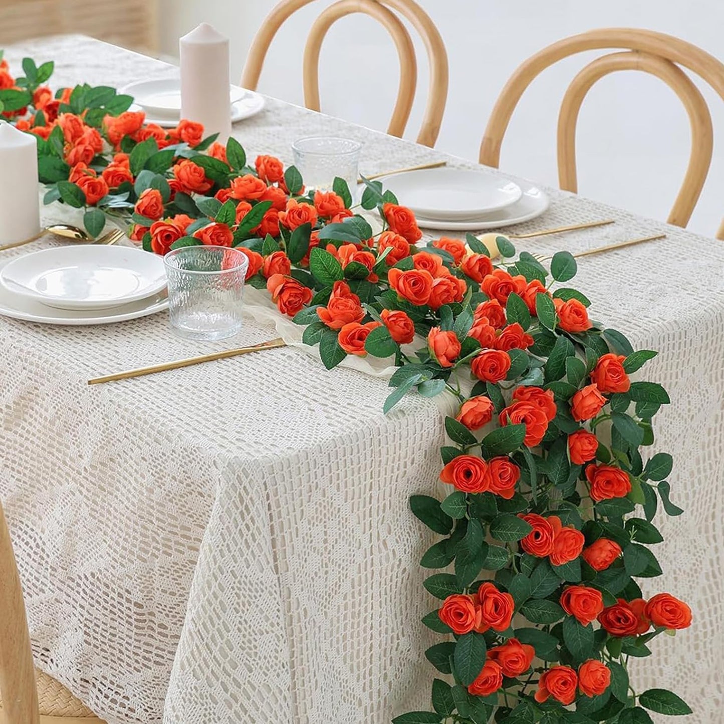 4 Packs Artificial Rose Garland: 31.48Ft Each Fake Flower Vine with Improved Color & 10 Ties for Wedding Arch Backdrop, Home Wall Party Decor, Christmas Decor, Orange