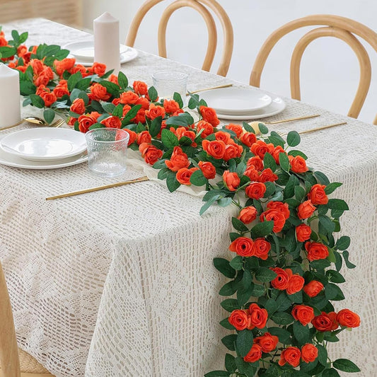 4 Packs Artificial Rose Garland: 31.48Ft Each Fake Flower Vine with Improved Color & 10 Ties for Wedding Arch Backdrop, Home Wall Party Decor, Christmas Decor, Orange