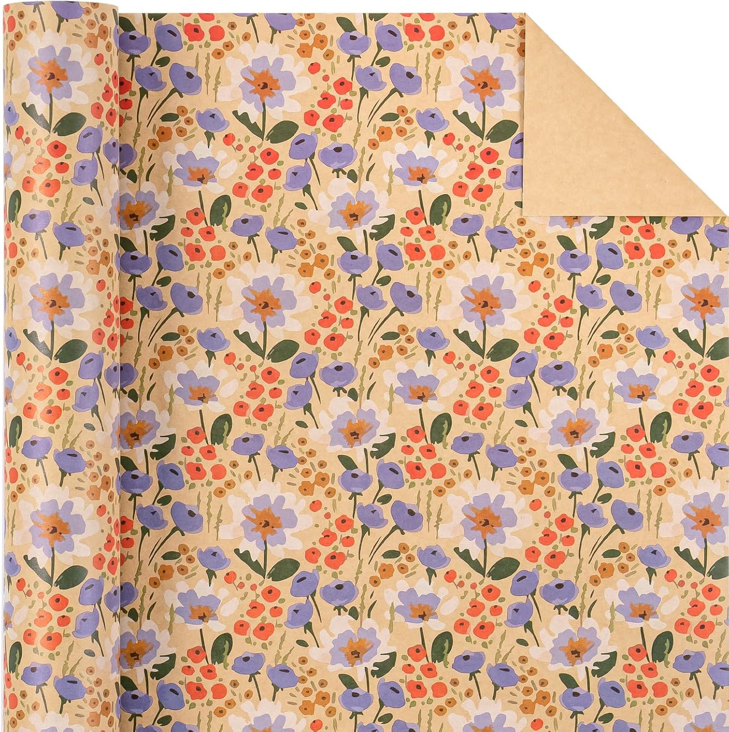 WRAPAHOLIC Kraft Floral Wrapping Paper Roll - Mini Roll - 17 Inch x 33 Feet - Watercolor Flower Wrapping Paper, Perfect for Wedding, Birthday, Bridal Shower, Tea Party