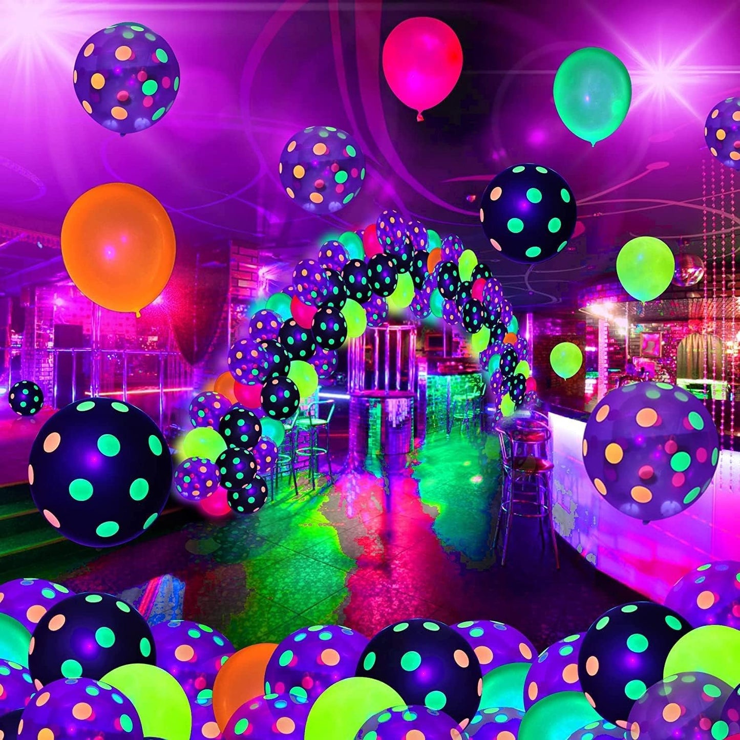 90 Pcs UV Neon Balloons,Neon Polka Dot Glow Party Balloons UV Black Light Balloons Glow in the dark for Birthday Decorations Wedding Glow Party Supplies Blacklight Carnival
