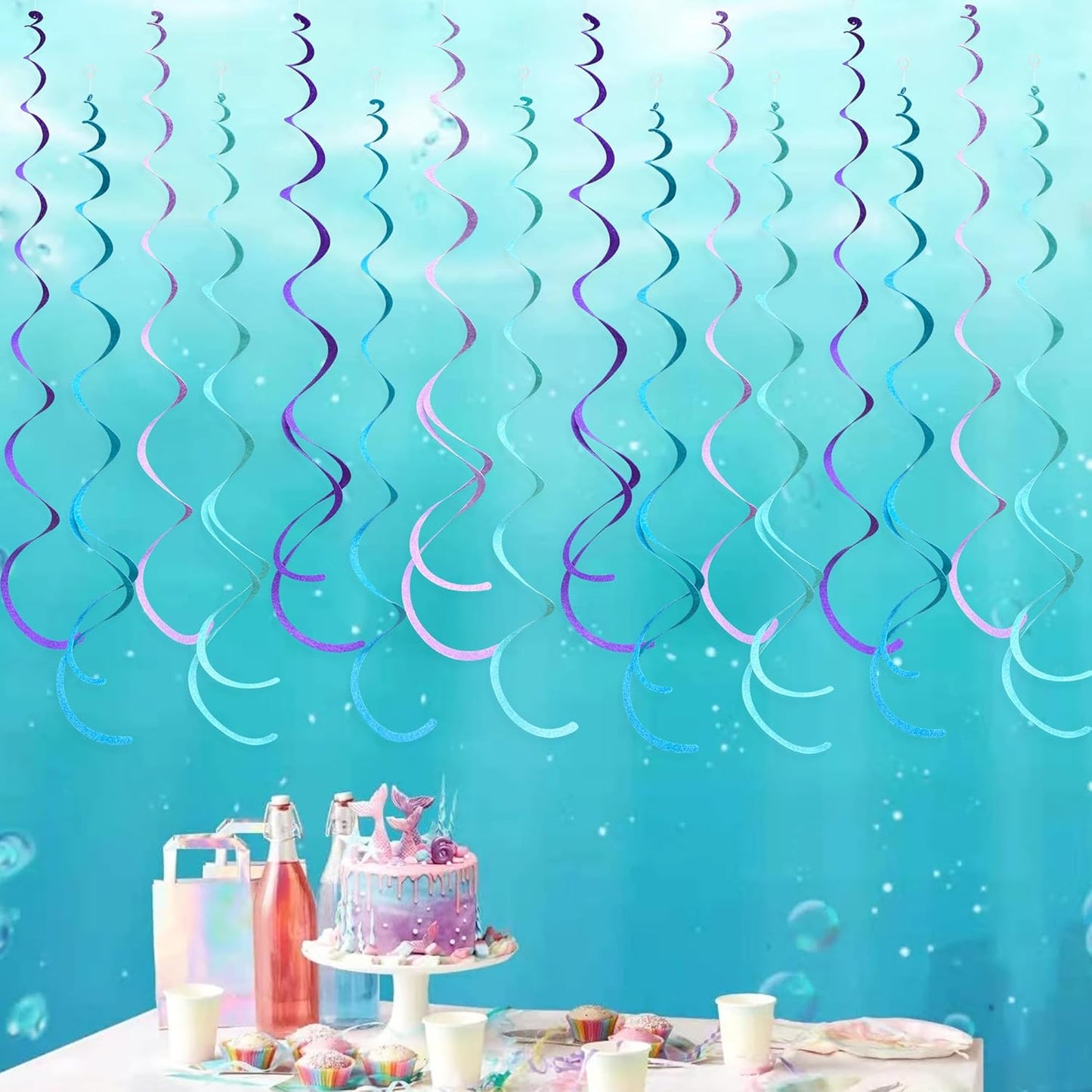 36 Pcs Mermaid Hanging Swirl Decorations Teal Purple Felt Swirl Streamer Spiral Ceiling Decorations Garland for Little Mermaid Under The Sea Birthday Wedding Bridal Shower Baby Shower Party Supplies