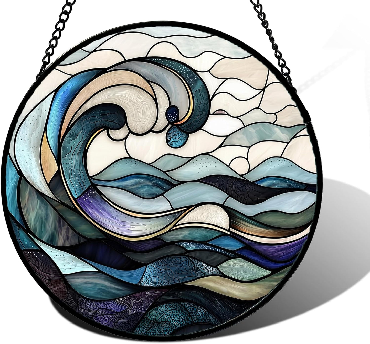 Stained Glass Window Hanging, Ocean Waves Sun Catchers Diamond Glass Panel Hangings Abstract Suncatcher Decor for Birthday for Women, Men, Wife, Aunt, and Mom 7.8 in