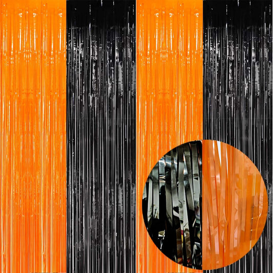 Foil Fringe Curtains-4 Pack of 3.2x8.2ft Orange Black Foil Fringe Curtains for Birthday Halloween Photo Backdrop Party Decorations, Orange and Black Party Streamers for Photo Booth Props