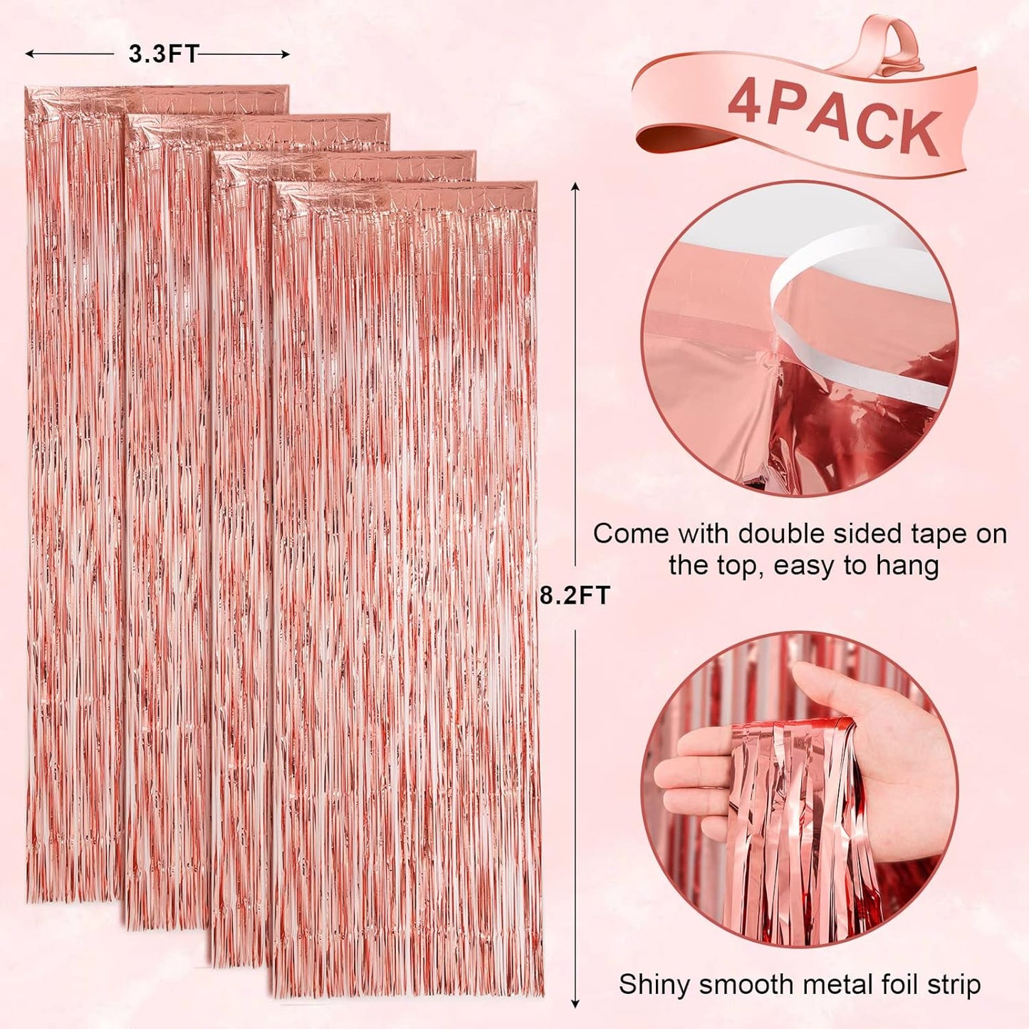 4 Pack Rose Gold Foil Fringe Backdrop Curtains, Tinsel Streamers Birthday Party Decorations, Fringe Backdrop for Graduation, Baby Shower, Gender Reveal, Disco Party