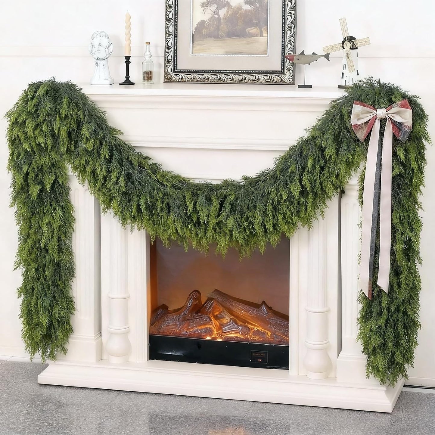6FT Real Touch Cedar Garland - Artificial Christmas Garland Fake Green Faux Thick and Lush Pine Needles Garlands for Table Fireplace Mantle Holiday Home Indoor Outdoor Decor (2PCS)