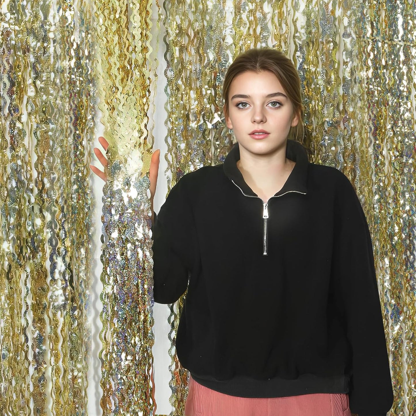 4 Pack Wavy Sparkle Champagne Gold Metallic Tinsel Foil Fringe Curtains Photo Booth Backdrop | Gold Streamer Backdrop for Holiday Celebration Bachelorette Party Decorations