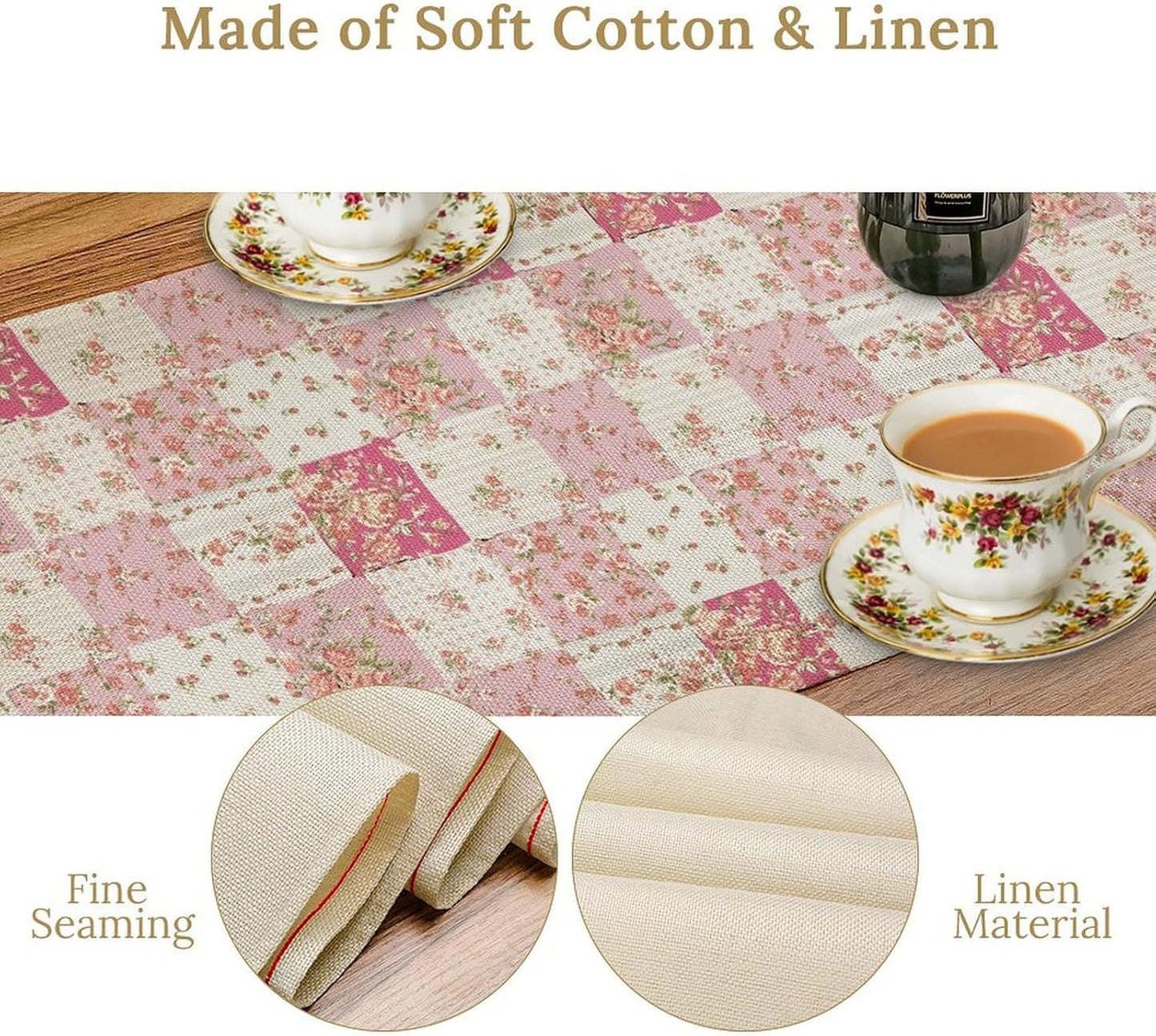 Patchwork Table Runner, Boho Vintage Pink Wildflowers Bohemian Paisley Flower Farmhouse Table Center Decor for Home Kitchen Dining Patio Holiday Party Indoor Outdoor Table Decorations, 13"x90" Inch