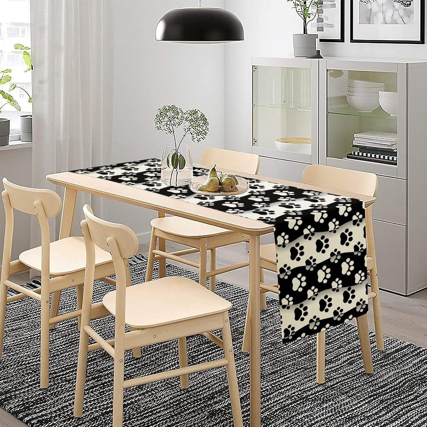 Dog Paw Table Runner,Kid Cute Animal Footprint Black White Theme Design Print Tablecloth Burlap for Hotel Indoors Outdoor Dining Room Kitchen Home Decor,W13X L108 in