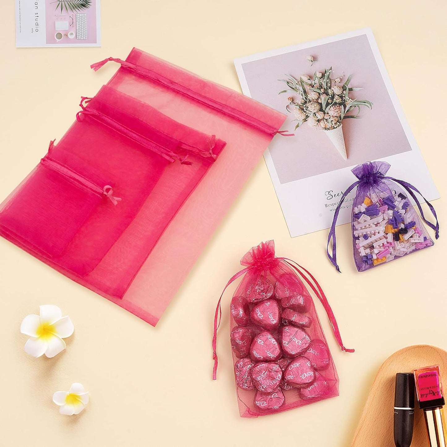 50 Pcs Hot Pink Organza Gift Bags 6x9 Inch, Mesh Bags Drawstring Jewelry Pouch Bags Goody Bags for Candy Wedding Party Favor