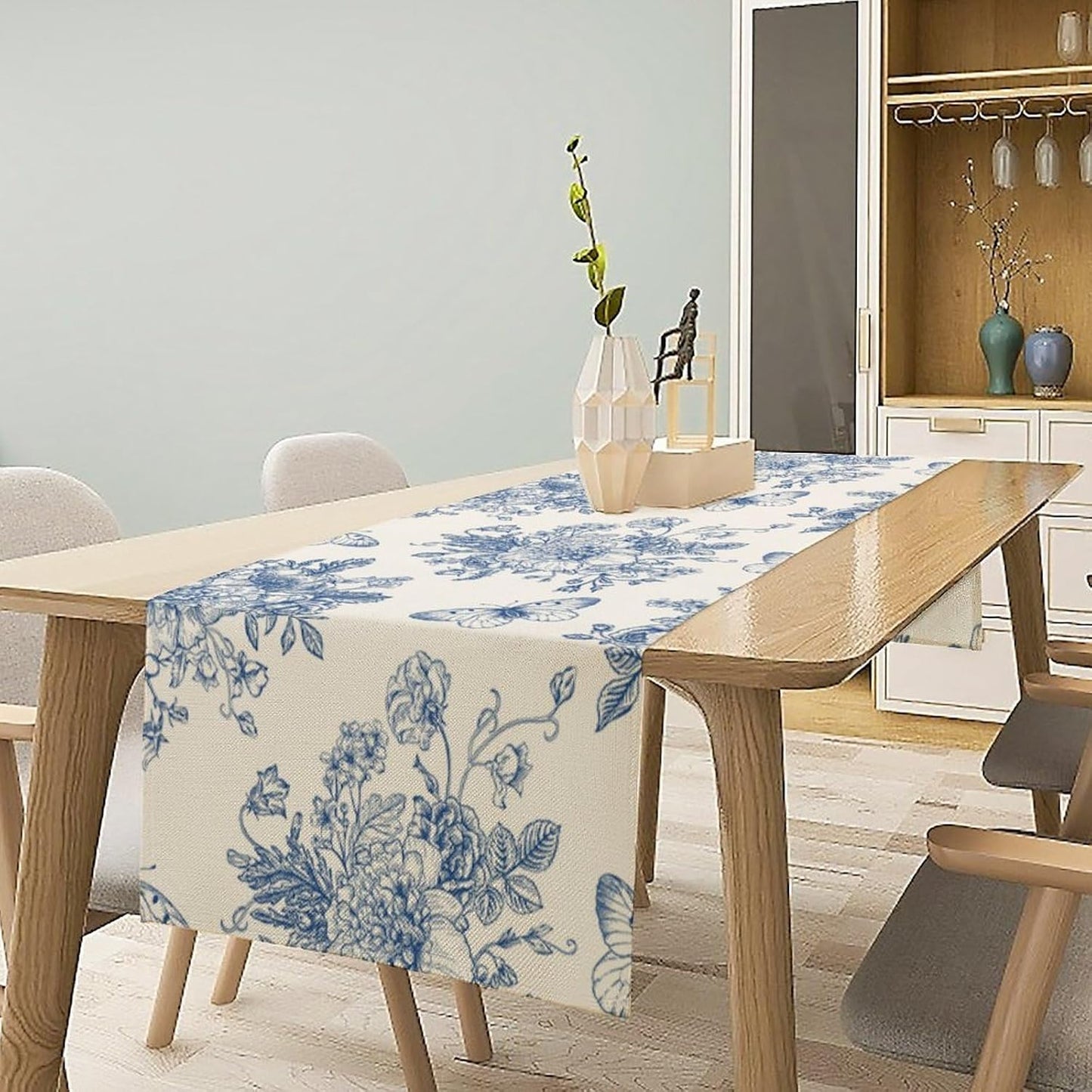 Monochrome Sketch Flowers Table Runner, Seasonal Spring Fall Plants Blue Florals Butterfly Dinner Runner for Home Kitchen Dining Table Party Holiday Decoration 13"x70"