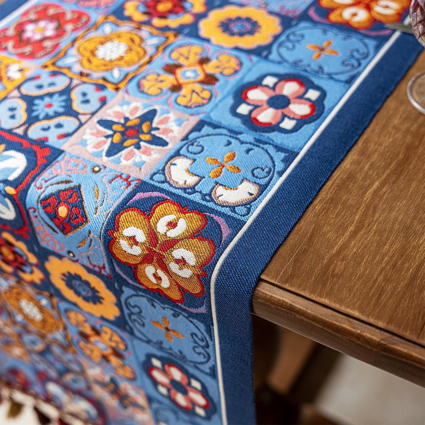 13×72 Inch Table Runner, Retro-Luxury Tassels Series for Kitchen Dining Table Holiday Decoration (Ethnic Blue)