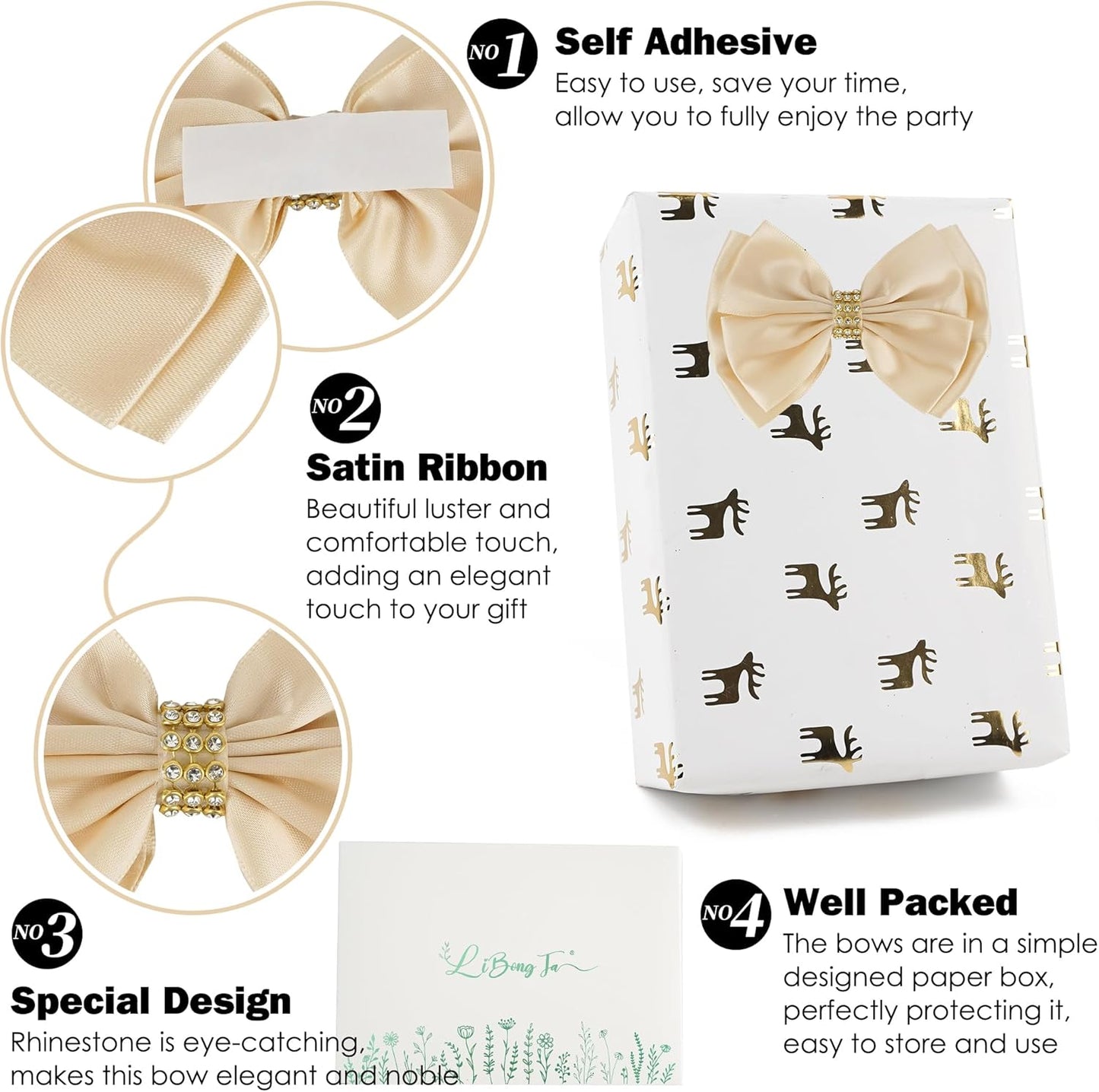 Champagne Gold Ribbon Bow 4'' Premade Satin Bows, Gift Bows with Rhinestone, Wrapping Bow for Presents, Greeting Cards, Treat Bags, Wine Bottle, Valentines Bows for Gift Wrapping-12 Counts
