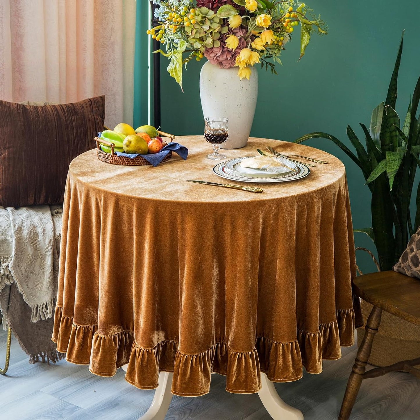 Velvet Tablecloth Luxurious Solid Round Table Cloth,Oblong Retro Farmhouse Ruffle Tablecloths Washable Table Cover for Party Wedding Baby Shower Kitchen Dinning Tabletop Decoration