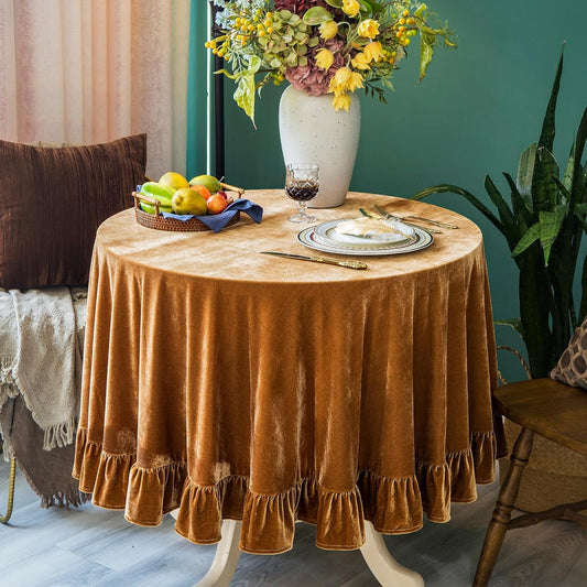 Velvet Tablecloth Luxurious Solid Round Table Cloth,Oblong Retro Farmhouse Ruffle Tablecloths Washable Table Cover for Party Wedding Baby Shower Kitchen Dinning Tabletop Decoration
