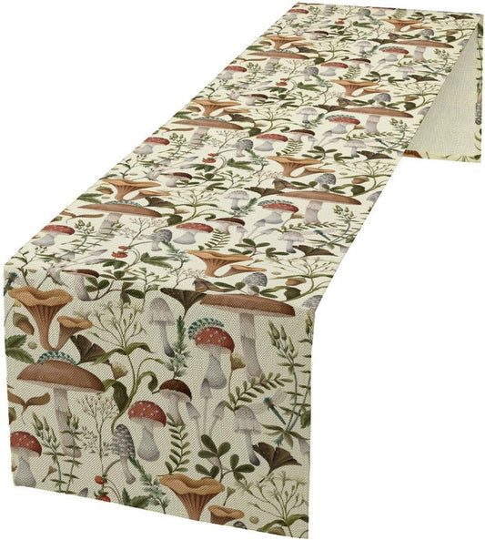 Mushroom Table Runner,Vintage Forest Flower Plant Print Table Runner for Kitchen Dining Table Home Party Decoration 13x36 Inch