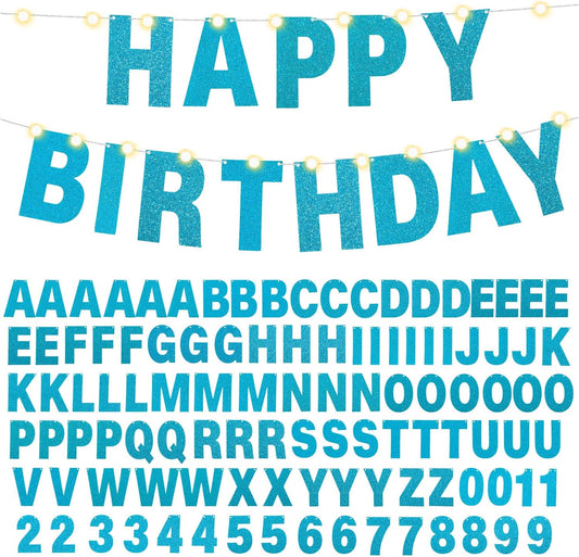 TaoBary 112 Pcs DIY Letter Custom Banner Glitter Customizable Banner Kit Including 107 Letters and Numbers 3 Rope for Valentine Birthday Party(Baby Blue)