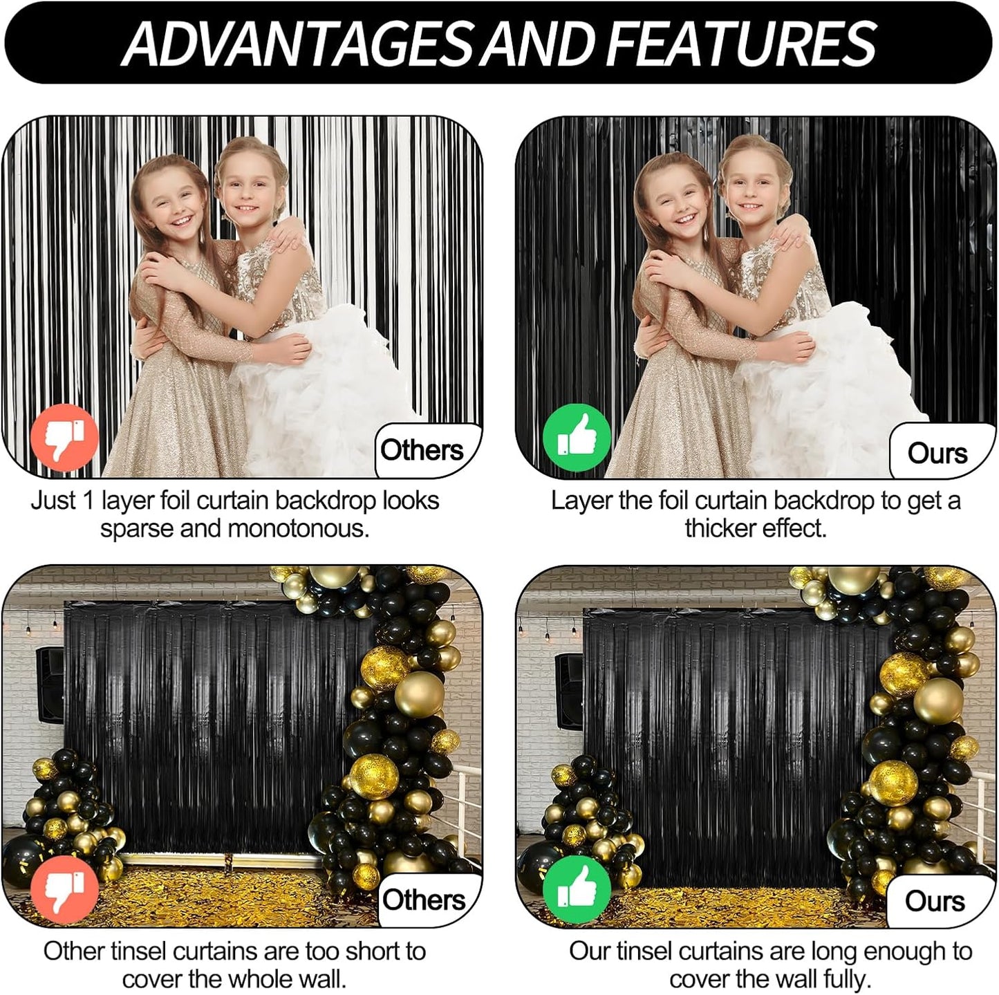 2 Pack Black Foil Fringe Curtains Streamers Party Decorations 3.3 x 8.2 ft, Black Tinsel Curtain Fringe Backdrop for Parties, Door Fringe Birthday Streamers, Photo Booth Backdrops, Party Decor