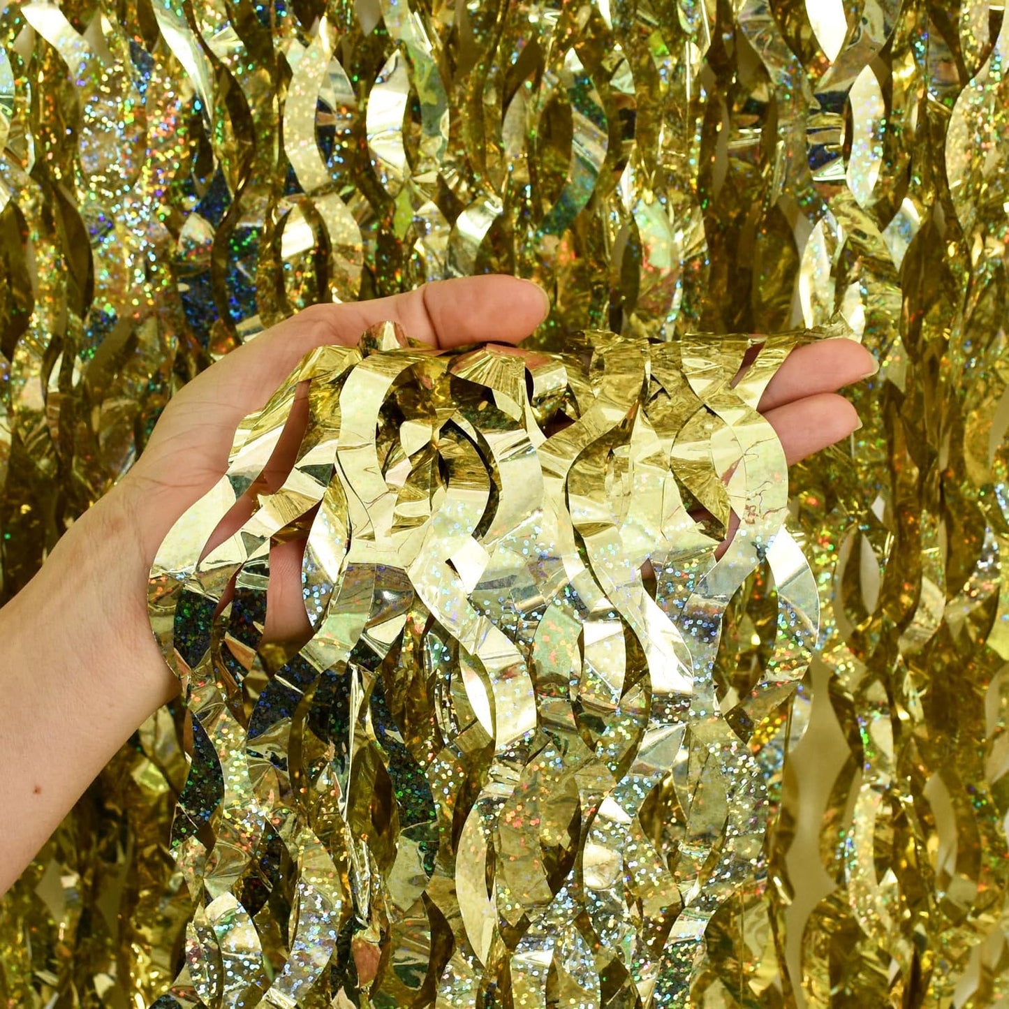 TONIFUL 3Pcs Wavy Metallic Tinsel Foil Fringe Curtains Champagne Gold Streamer Backdrop for Photo Booth Props,Party Door Wall Curtains Bachelorette Wedding Birthday New Year Decor (9.9ft x 6.6ft)