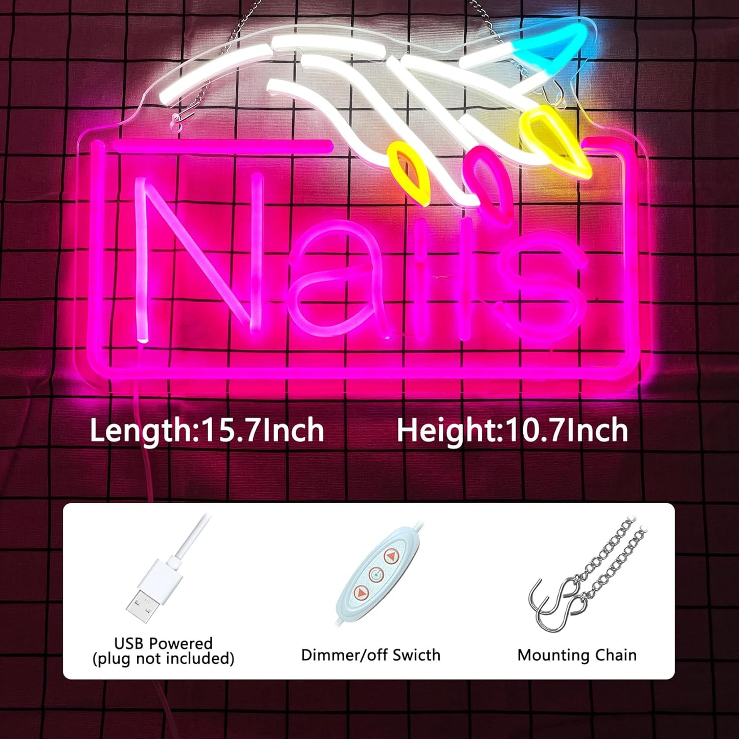 Nails Neon Sign Nail Salon Room Decor Window Wall Art for Nail Shop Storefront USB Powered 15.7"x10.7"