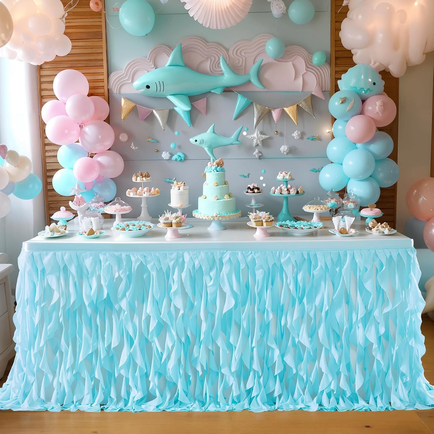 Partisky Aqua Blue Tulle Curly Willow Table Skirt for Rectangle Table 17ft, Ruffle Tutu Table Cloth for Boys Baby Shower,Birthday Party Candy Cake Tables