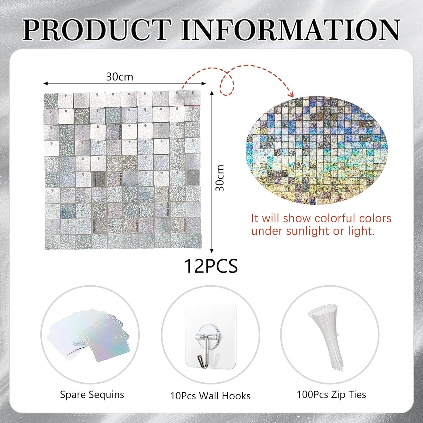 12PCS Silver Shimmer Wall Backdrop, Laser Square Sequin Photo Backdrops Panel, Glitter Wall Background for Birthdays, Weddings, Christmas, Engagements, Disco Bachelorette Party Decoration (3FTx4FT)